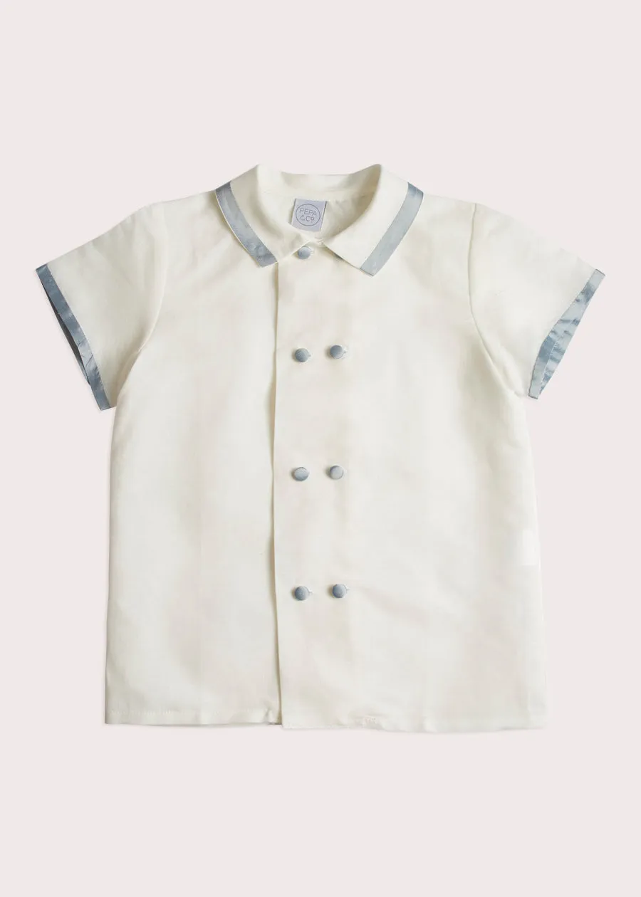 Linen Boys Celebration Shirt White with Blue Silk piping (4-10yrs)