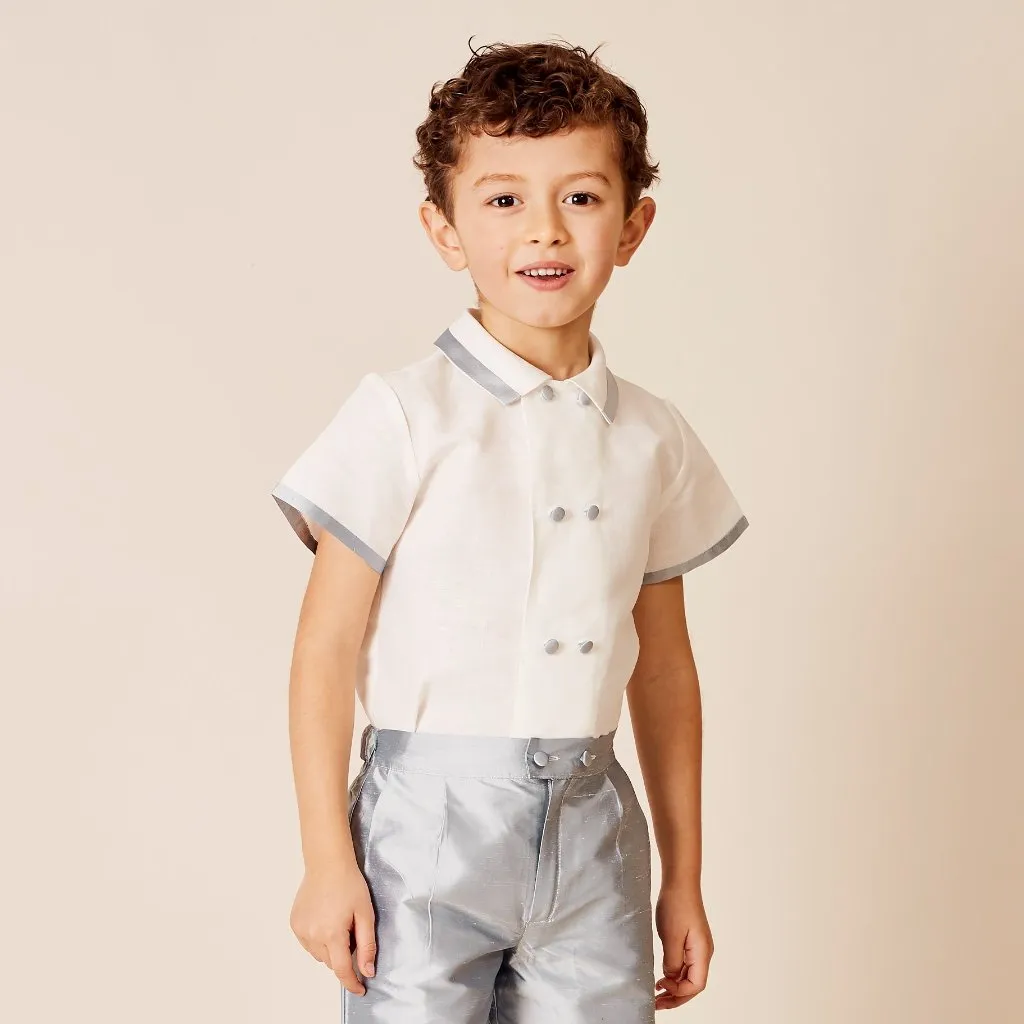 Linen Boys Celebration Shirt White with Blue Silk piping (4-10yrs)