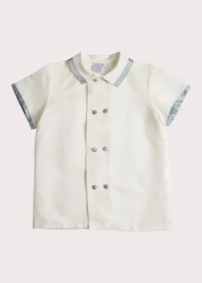 Linen Boys Celebration Shirt White with Blue Silk piping (4-10yrs)