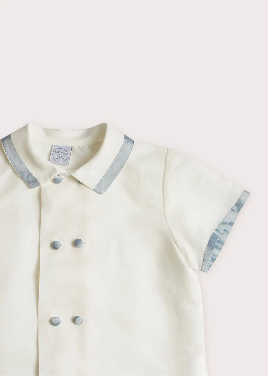 Linen Boys Celebration Shirt White with Blue Silk piping (4-10yrs)