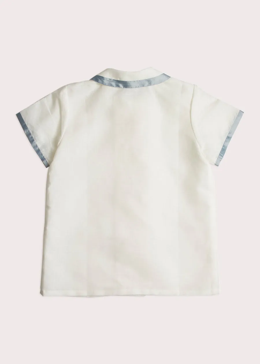 Linen Boys Celebration Shirt White with Blue Silk piping (4-10yrs)