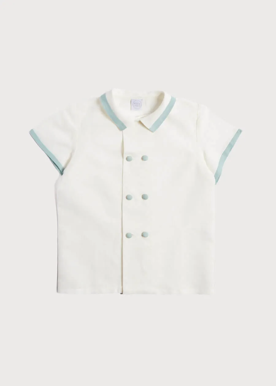 Linen Boys Celebration Shirt White with Teal Piping (4-10yrs)