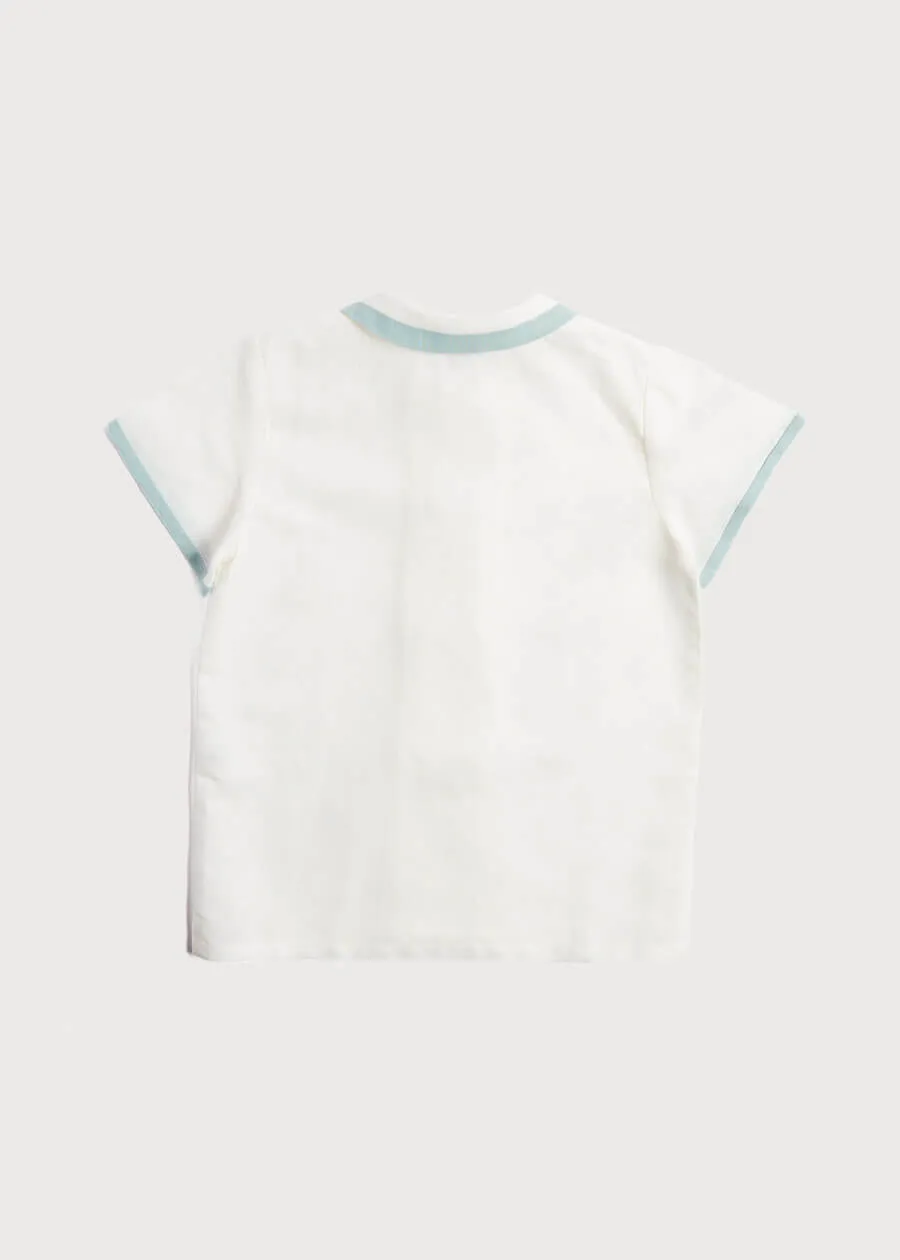 Linen Boys Celebration Shirt White with Teal Piping (4-10yrs)