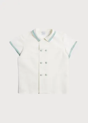 Linen Boys Celebration Shirt White with Teal Piping (4-10yrs)