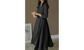 Long-Sleeve Lapel Collar Sashed Plain Double-Breasted Midi A-Line Dress aa8