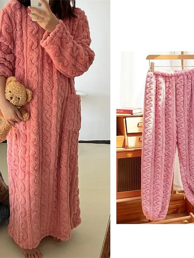 Luxurious Plush Loungewear Ensemble: Women's Robe Dress & Fleece Pajama Bottoms