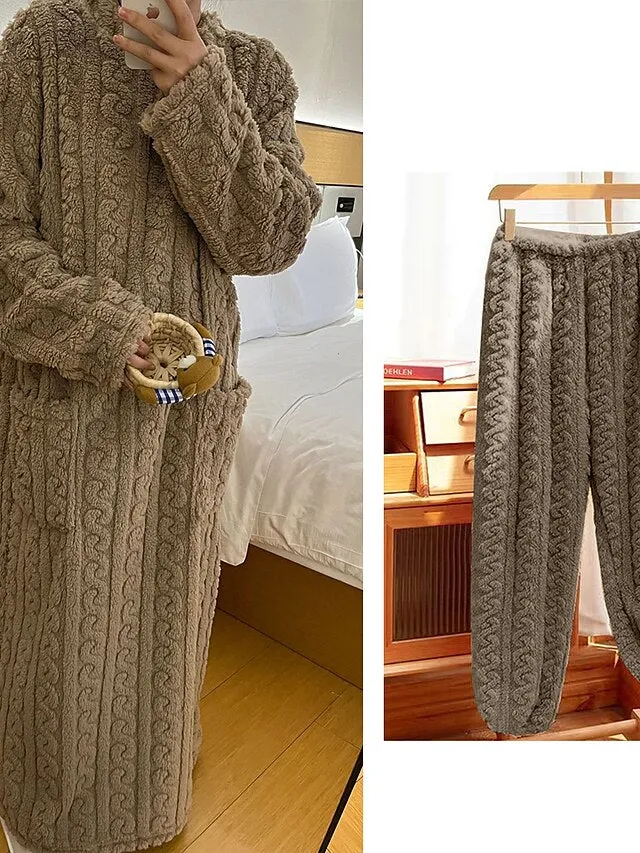 Luxurious Plush Loungewear Ensemble: Women's Robe Dress & Fleece Pajama Bottoms