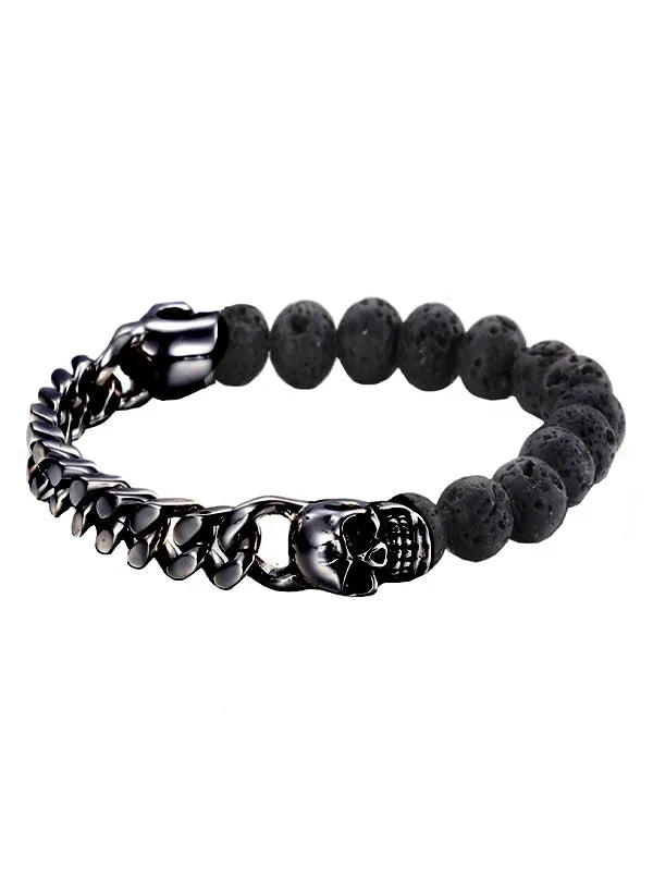 Men's Black Lava Skull and Chain Link Bracelet