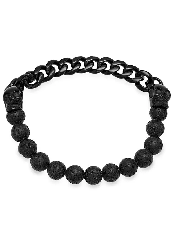 Men's Black Lava Skull and Chain Link Bracelet