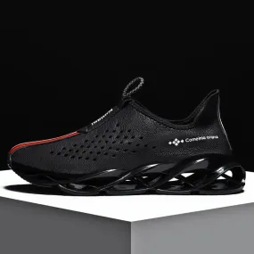 Men's Black Mesh Unique Blade Sole Cushioning Outdoor Running Shoes