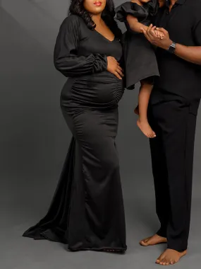 Momnfancy Black Shirred Ruched Slit Long Train Gown Photoshoot Party Wrap Maternity Maxi Dress