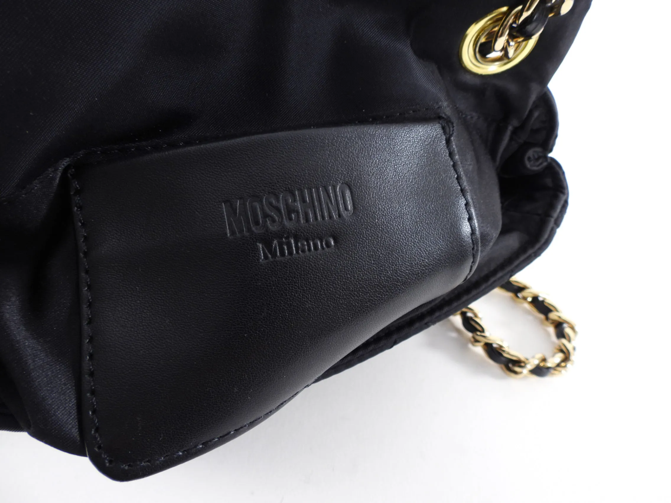 Moschino Black Nylon Logo Stud Chain Flap Bag