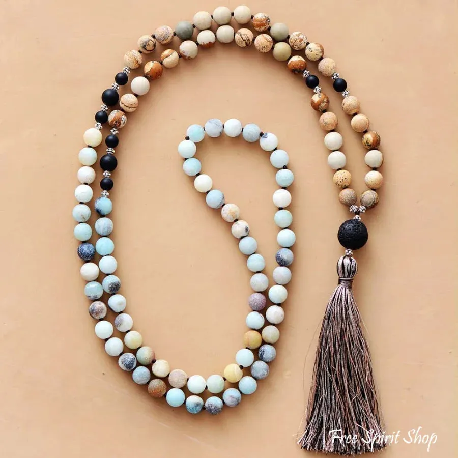 Natural 108 Amazonite Jasper & Lava Stone Bead Mala