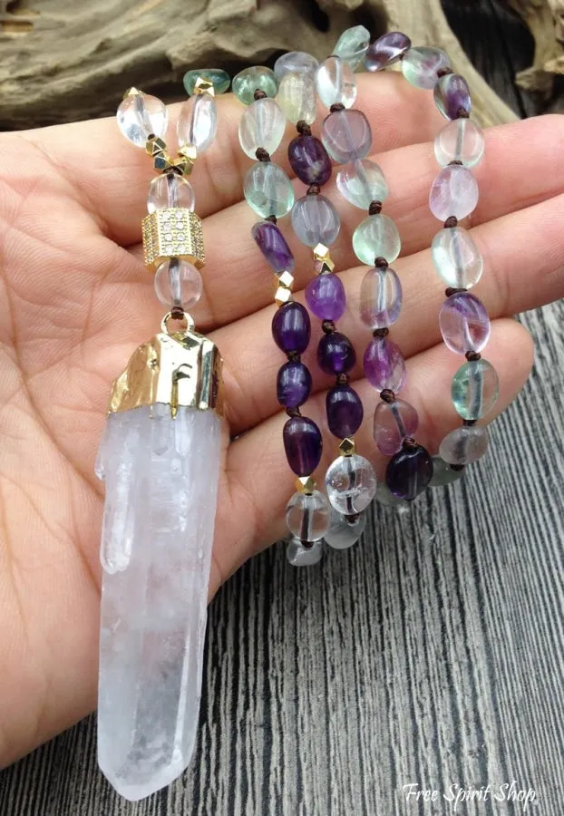 Natural Fluorite & Clear Quartz Gemstone Necklace