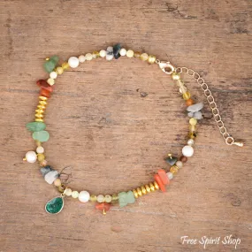 Natural Green Aventurine Unakite & Carnelian Bead Anklet