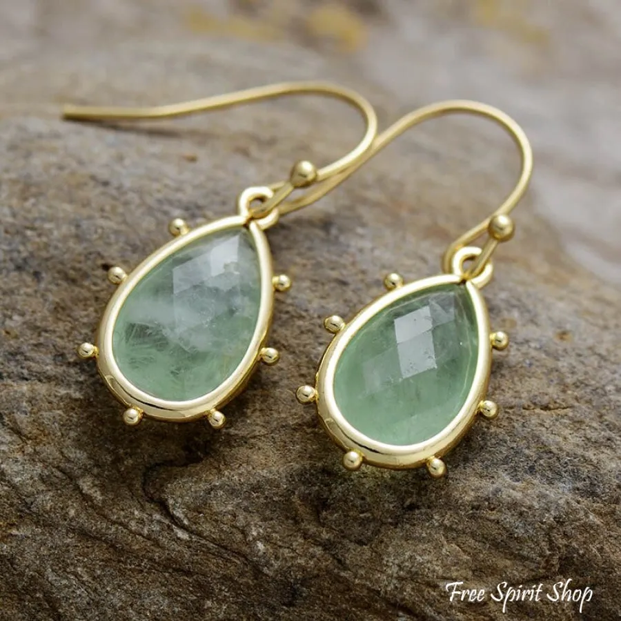 Natural Green Fluorite Crystal Drop Earrings