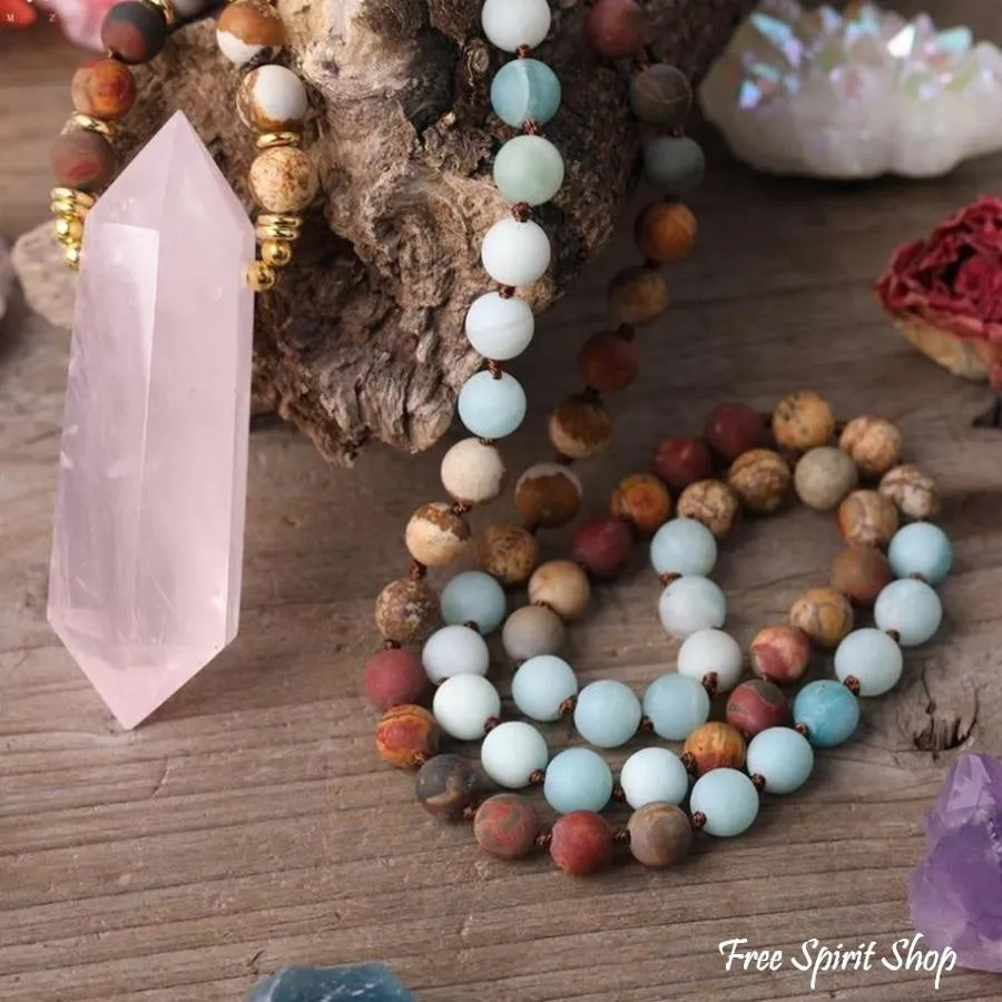 Natural Jasper Amazonite & Rose Quartz Wand-point Beaded Necklace