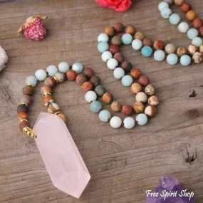 Natural Jasper Amazonite & Rose Quartz Wand-point Beaded Necklace