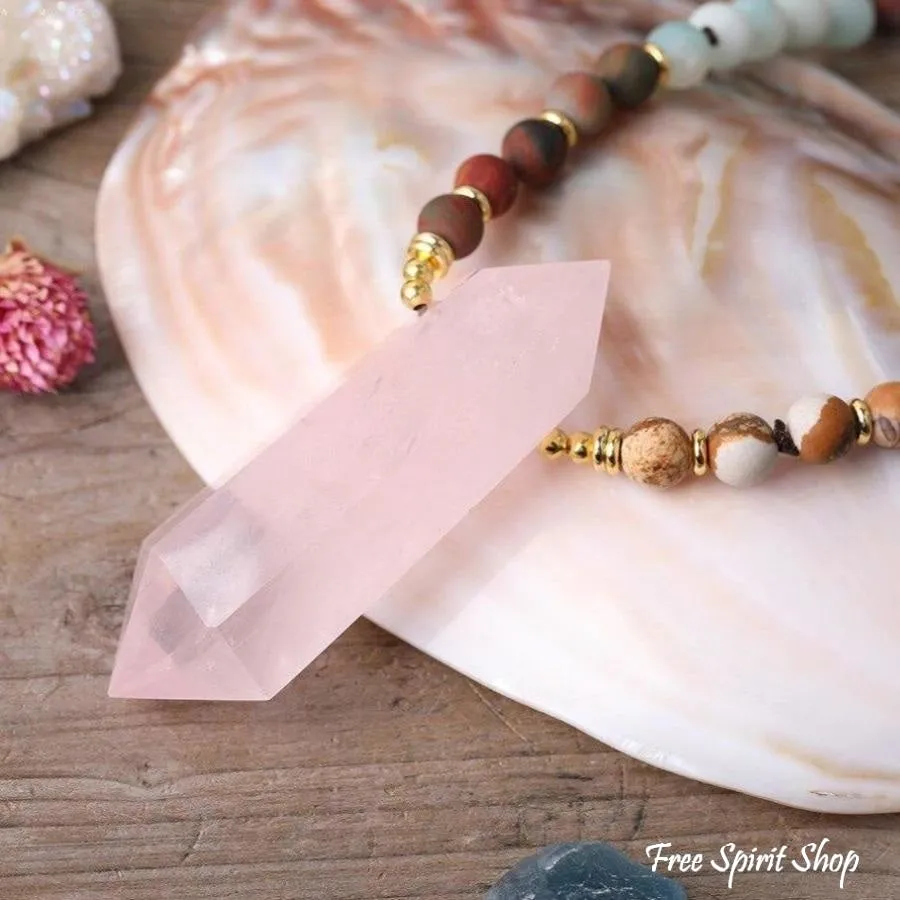 Natural Jasper Amazonite & Rose Quartz Wand-point Beaded Necklace