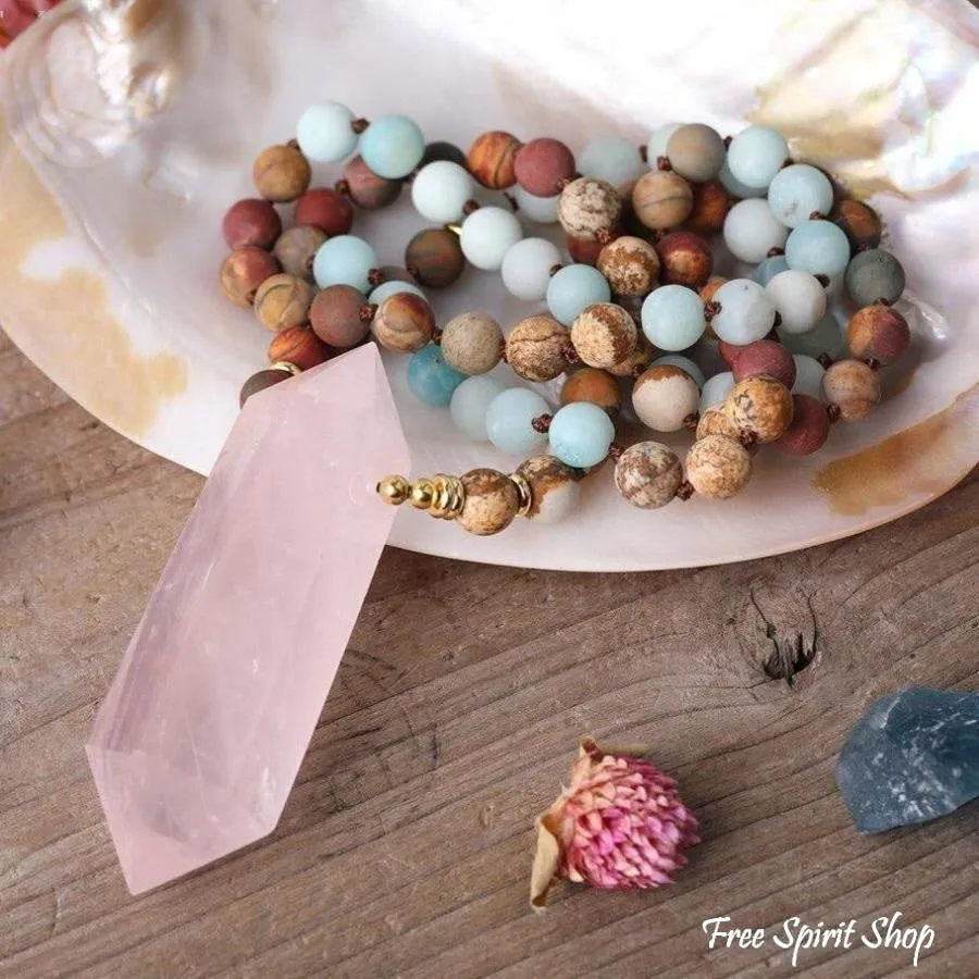 Natural Jasper Amazonite & Rose Quartz Wand-point Beaded Necklace