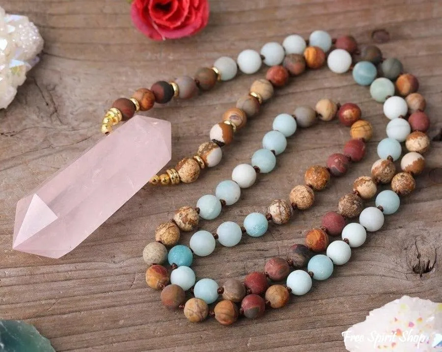 Natural Jasper Amazonite & Rose Quartz Wand-point Beaded Necklace