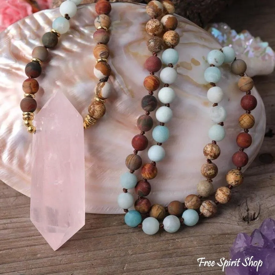 Natural Jasper Amazonite & Rose Quartz Wand-point Beaded Necklace