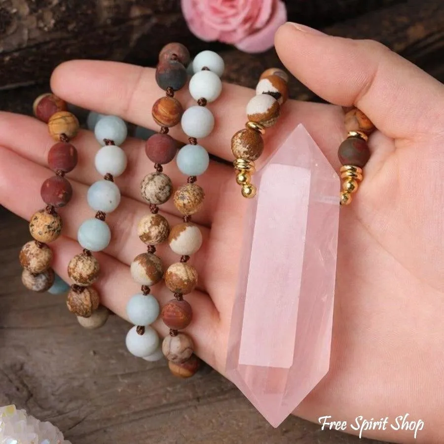 Natural Jasper Amazonite & Rose Quartz Wand-point Beaded Necklace