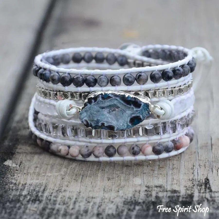 Natural Labradorite, White Jade & Druzy Wrap Bracelet