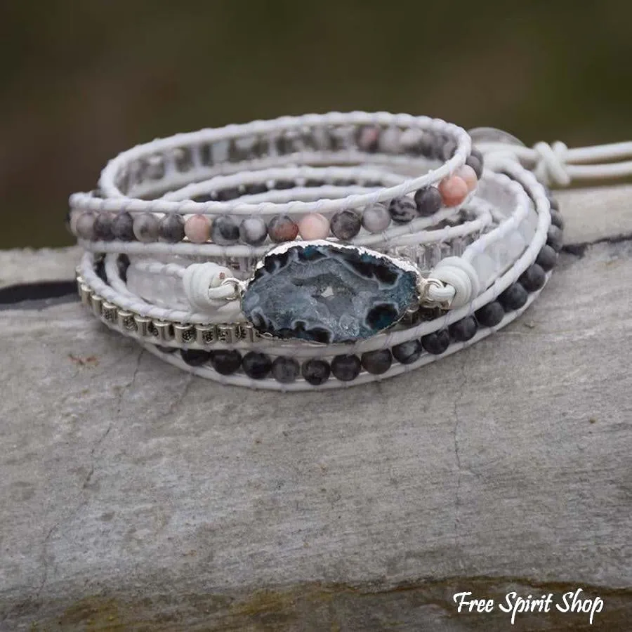 Natural Labradorite, White Jade & Druzy Wrap Bracelet