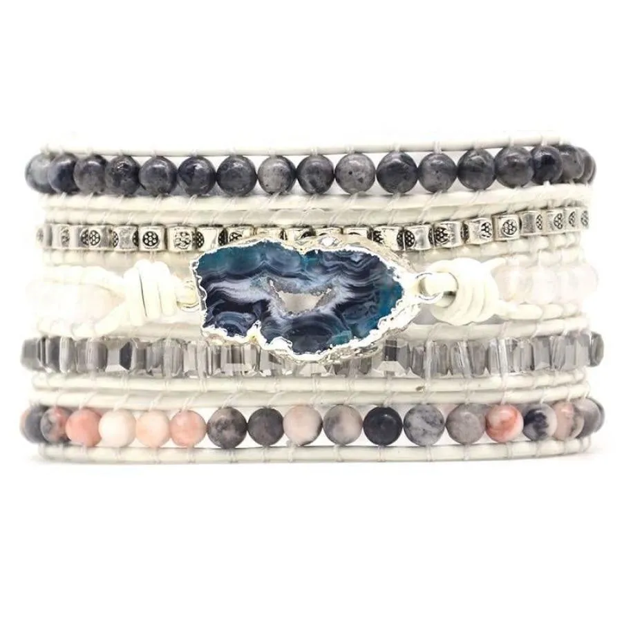 Natural Labradorite, White Jade & Druzy Wrap Bracelet