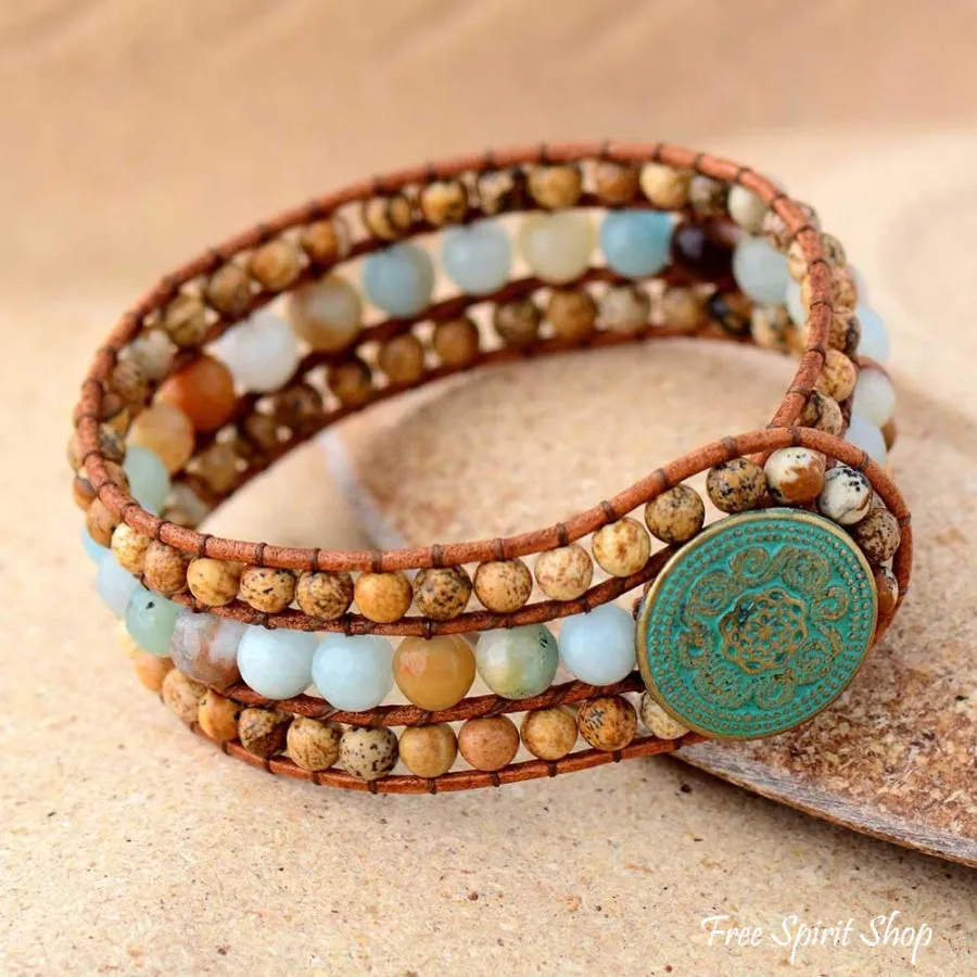 Natural Picture Jasper & Amazonite Bead Bracelet