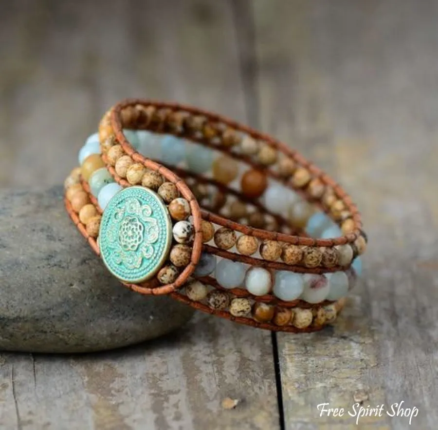 Natural Picture Jasper & Amazonite Bead Bracelet