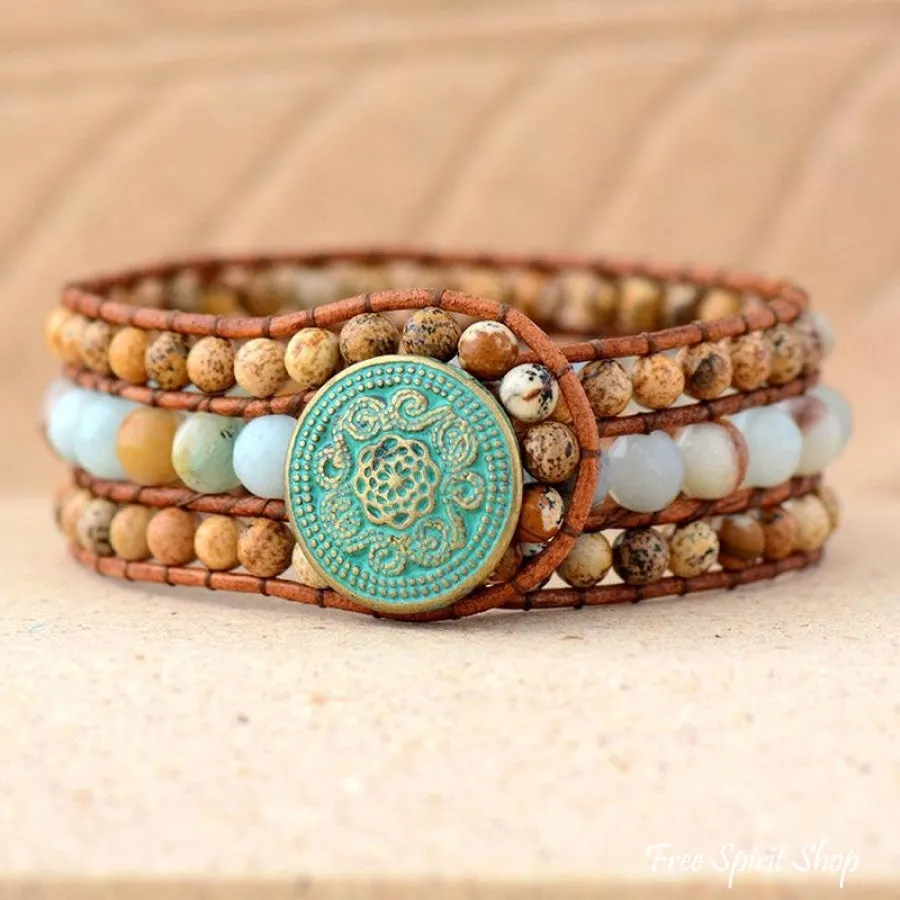 Natural Picture Jasper & Amazonite Bead Bracelet