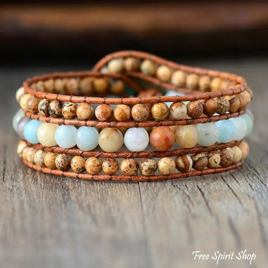 Natural Picture Jasper & Amazonite Bead Bracelet