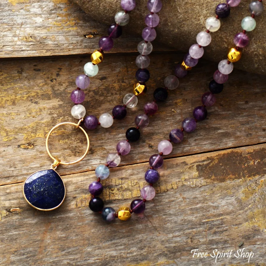 Natural Purple Fluorite & Amethyst With Lapis Pendant Necklace