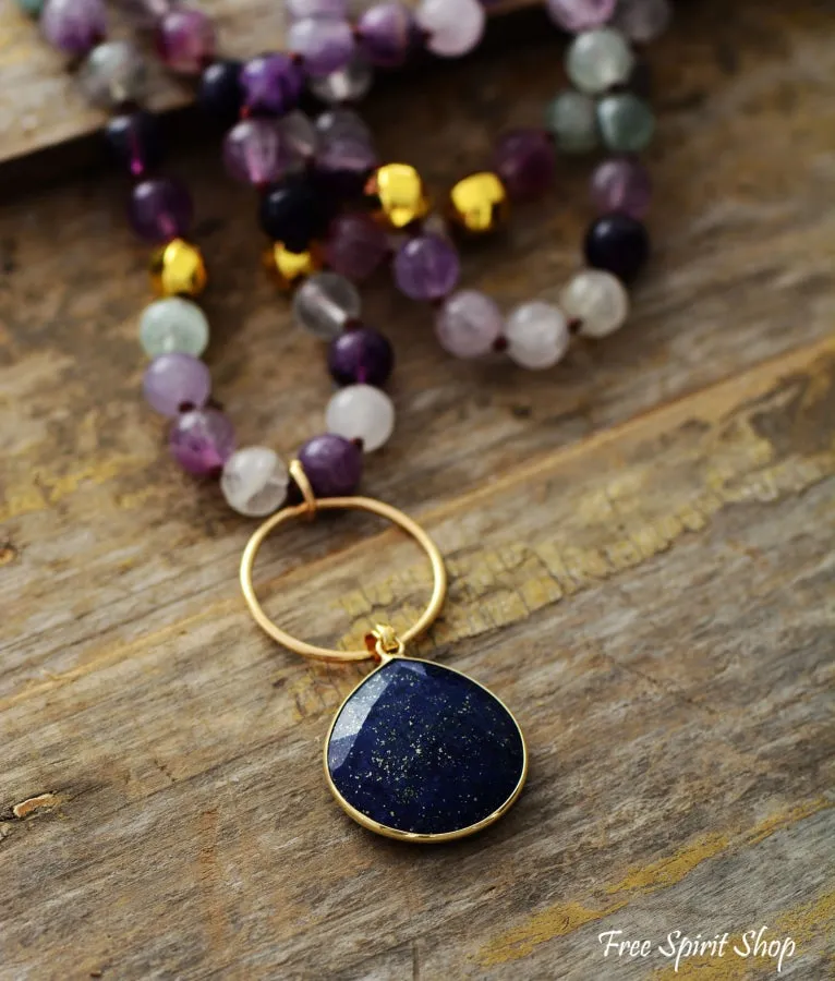 Natural Purple Fluorite & Amethyst With Lapis Pendant Necklace