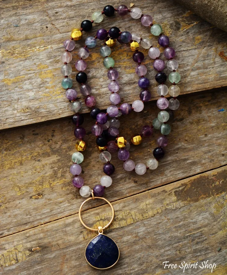 Natural Purple Fluorite & Amethyst With Lapis Pendant Necklace