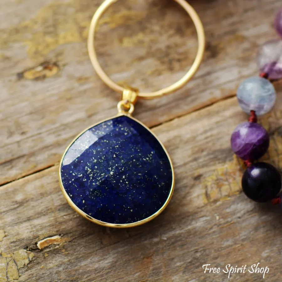 Natural Purple Fluorite & Amethyst With Lapis Pendant Necklace