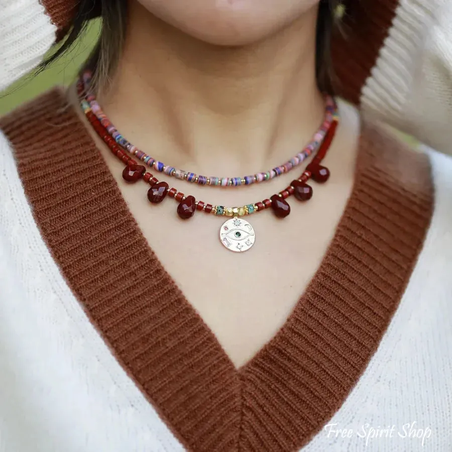 Natural Red Jasper & Egyptian Eye Charm Necklace