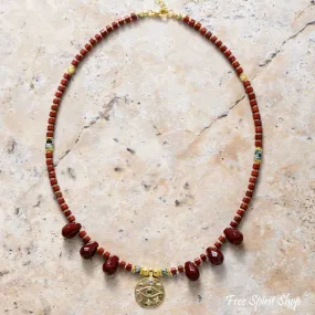 Natural Red Jasper & Egyptian Eye Charm Necklace