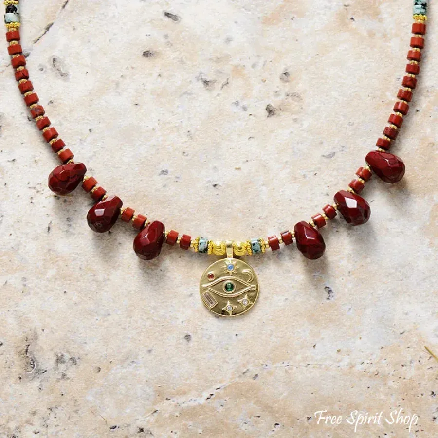 Natural Red Jasper & Egyptian Eye Charm Necklace