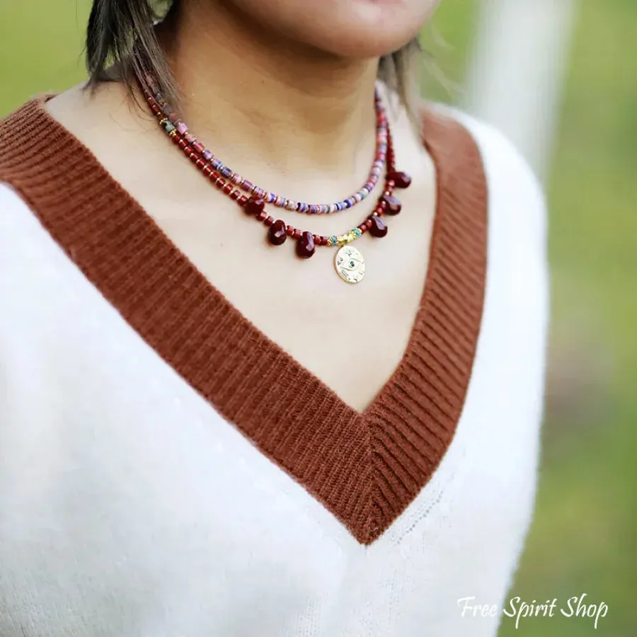 Natural Red Jasper & Egyptian Eye Charm Necklace