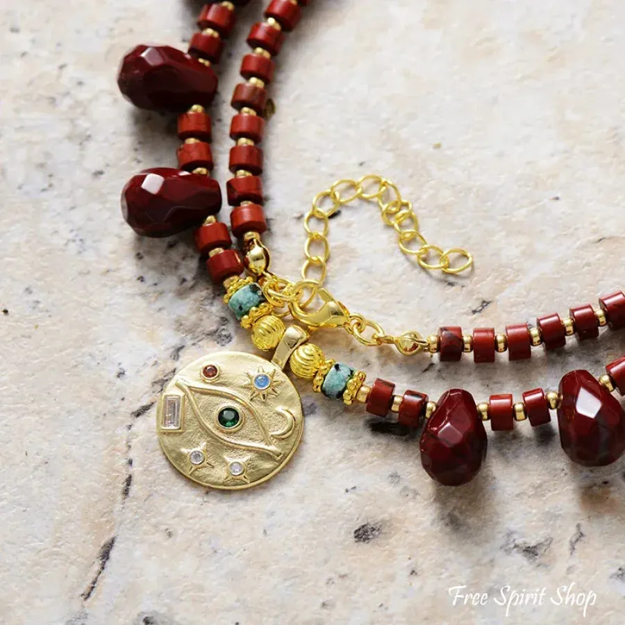 Natural Red Jasper & Egyptian Eye Charm Necklace