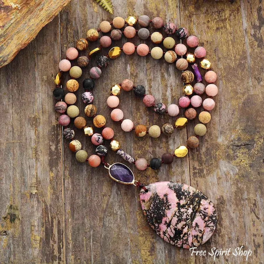 Natural Rhodonite and Jasper Gemstone Bead Necklace