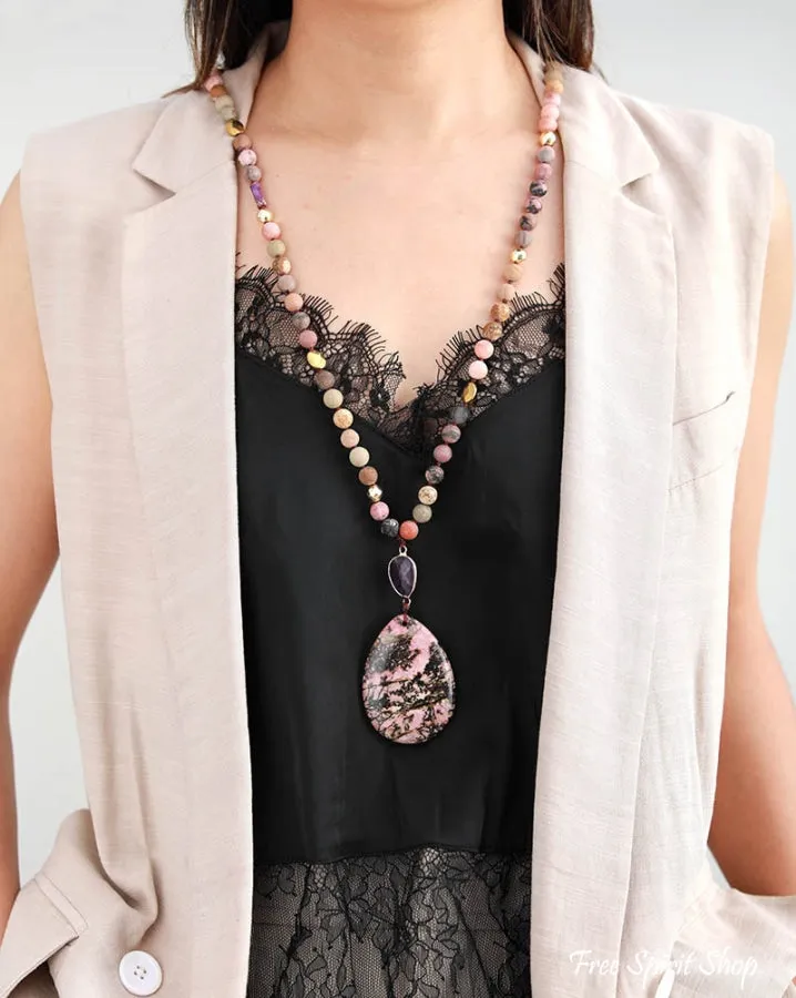 Natural Rhodonite and Jasper Gemstone Bead Necklace