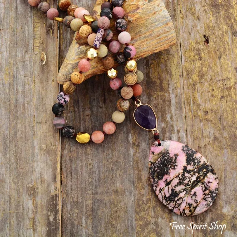 Natural Rhodonite and Jasper Gemstone Bead Necklace