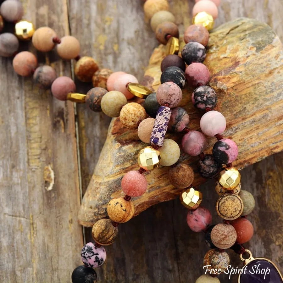 Natural Rhodonite and Jasper Gemstone Bead Necklace