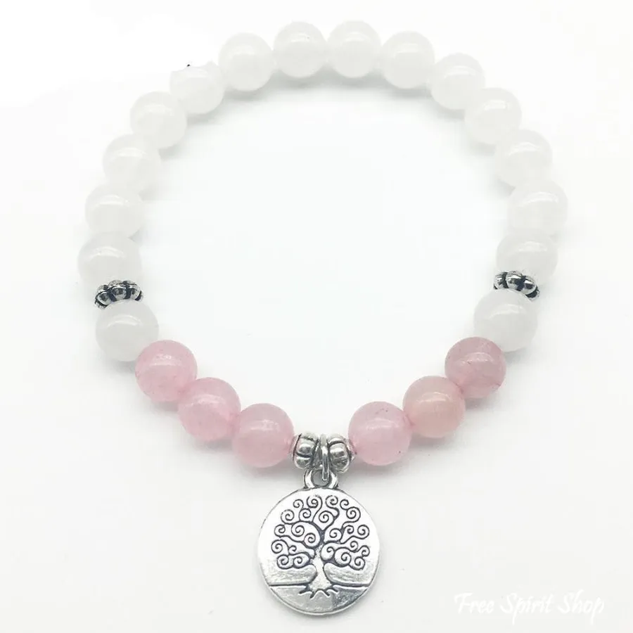 Natural White Jade & Rose Quartz Bead Mala Bracelet