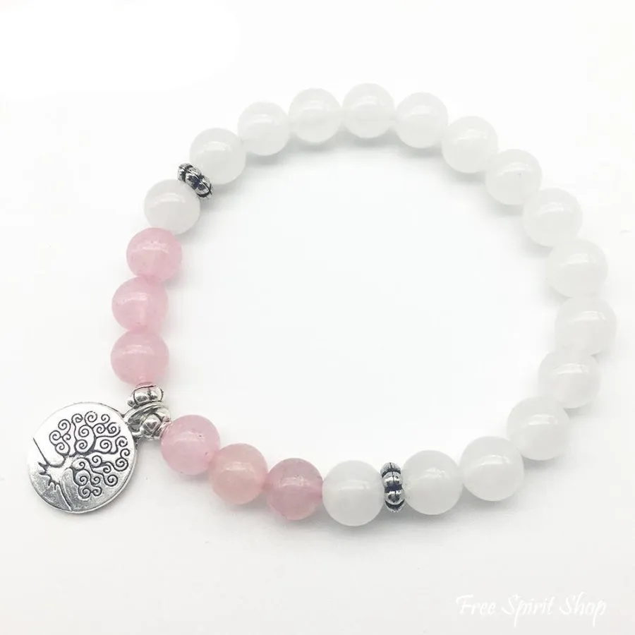 Natural White Jade & Rose Quartz Bead Mala Bracelet