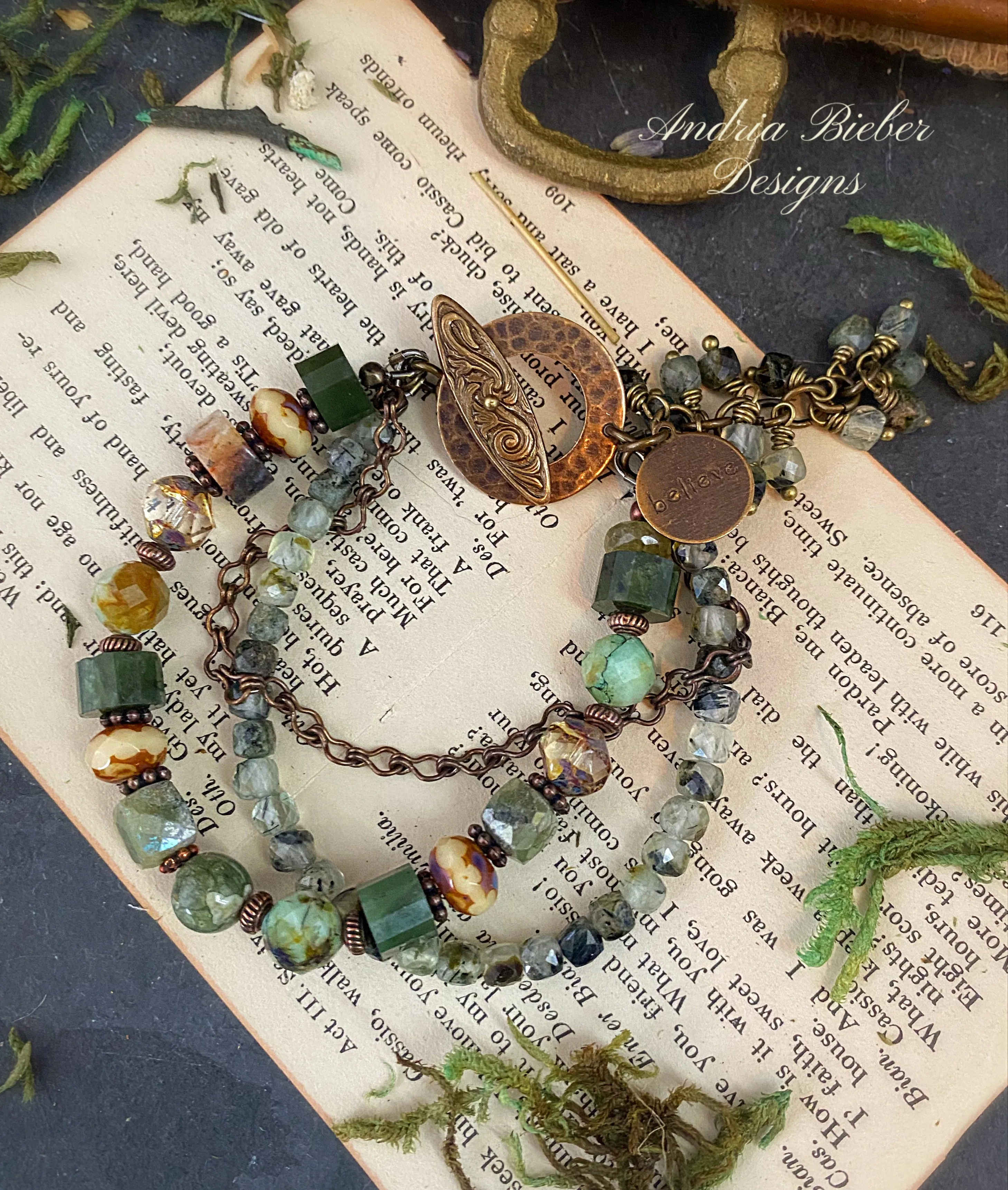 Nephrite jade stone, Czech glass, azurite, prehnite, amazonite, bronze metal, bracelet, kit